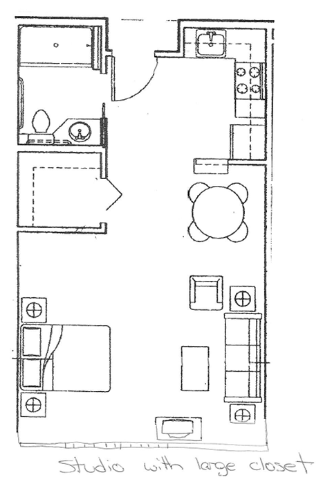 Floor plan for studio, 1 bath, 1500 sqft